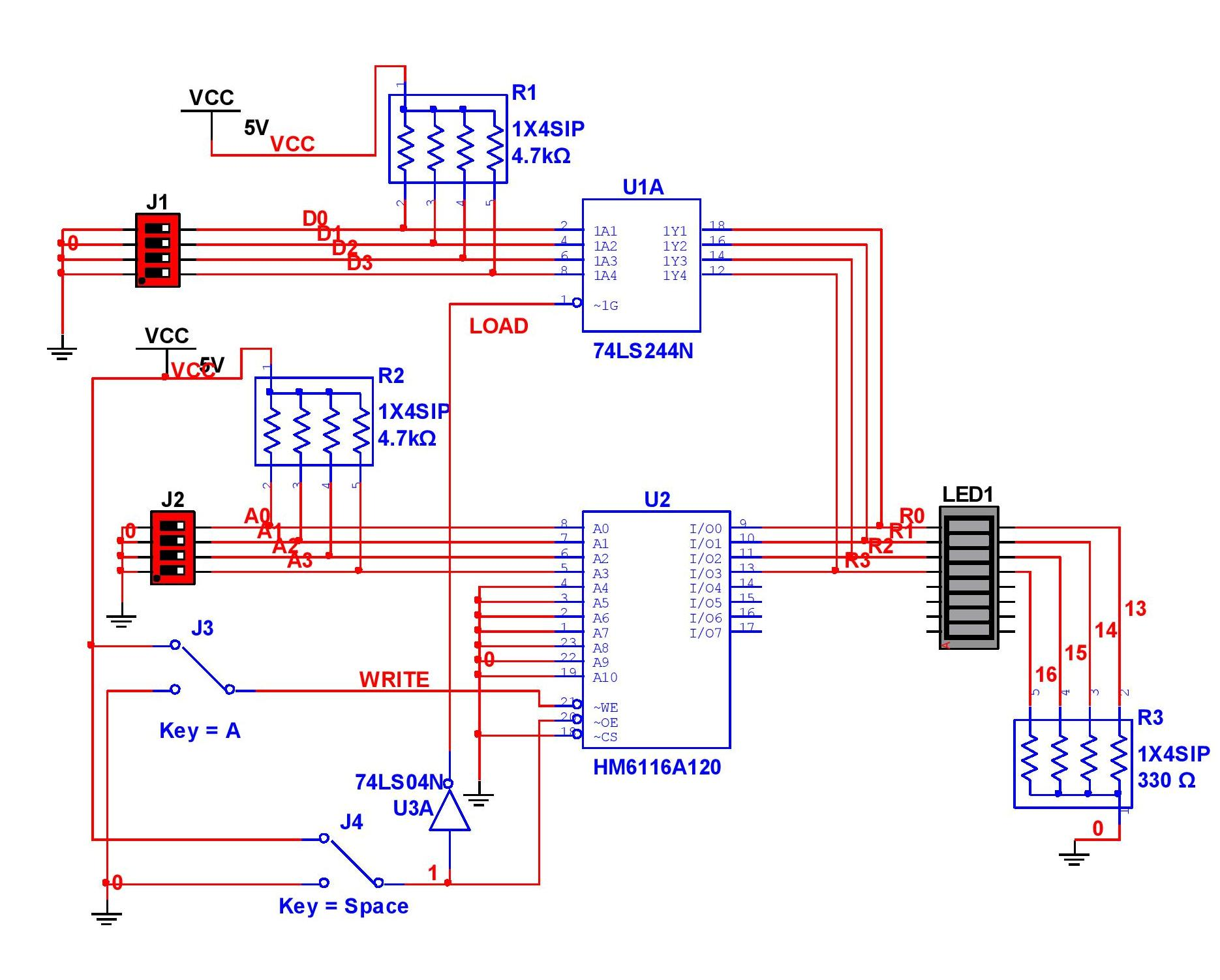 For the RAM circuit above a)Set the DIP switch J1 to