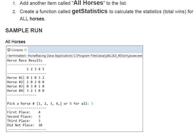Solved Write a Java program to get total wins for a horse | Chegg.com