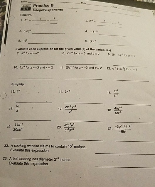 Solved LESSON Practice B Integer Exponents Simplify. 6. (7)2 | Chegg.com