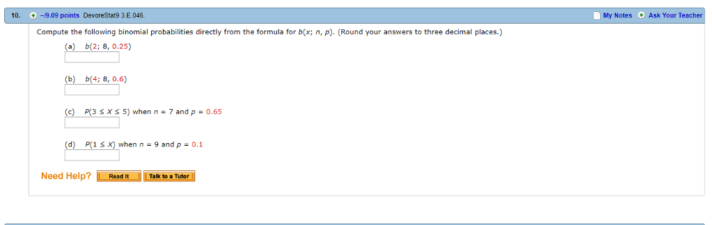 Solved 10. -9.09 points DevoreStat9 3.E.046 My Notes Ask | Chegg.com