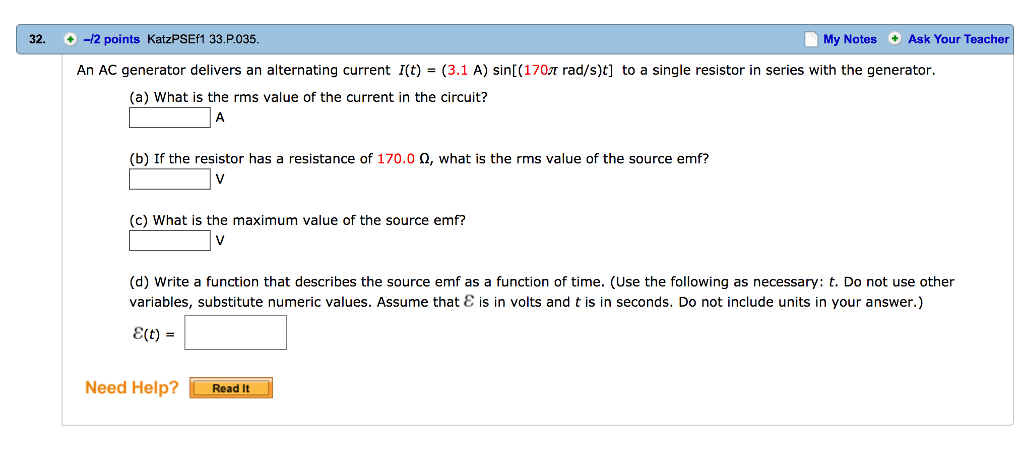 Solved An AC generator delivers an alternating current I(t) | Chegg.com