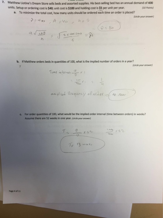 Solved Matthew Liotine's Dream Store sells beds and assorted