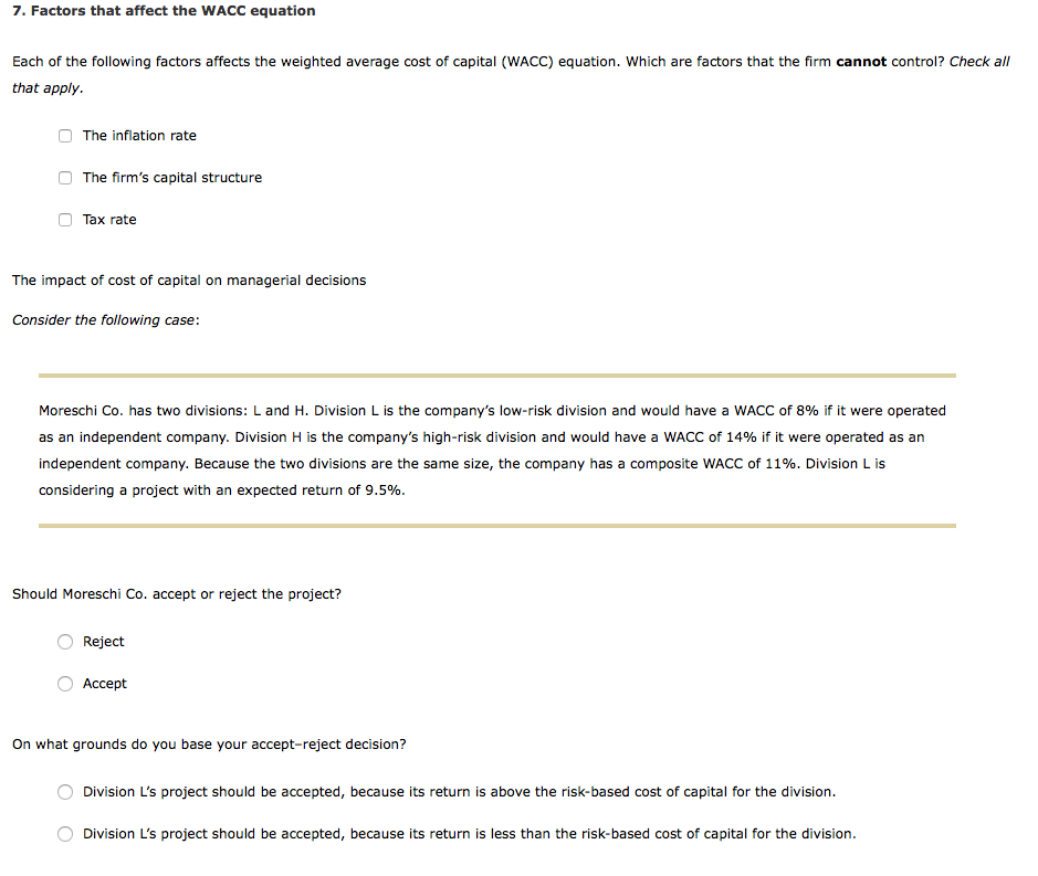 Solved 7. Factors that affect the WACC equation Each of the | Chegg.com