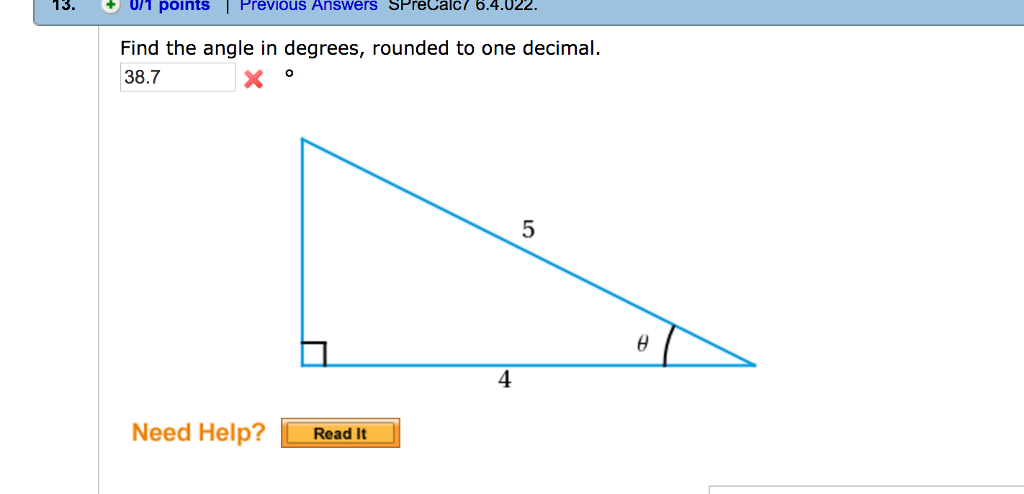 Solved Find the angle in degrees, rounded to one decimal. | Chegg.com