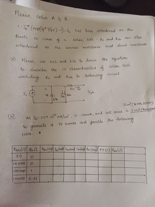 Solved Please solve A and B I0*(EXP(Q*V/KT)-1)-IL HAS BEEN | Chegg.com