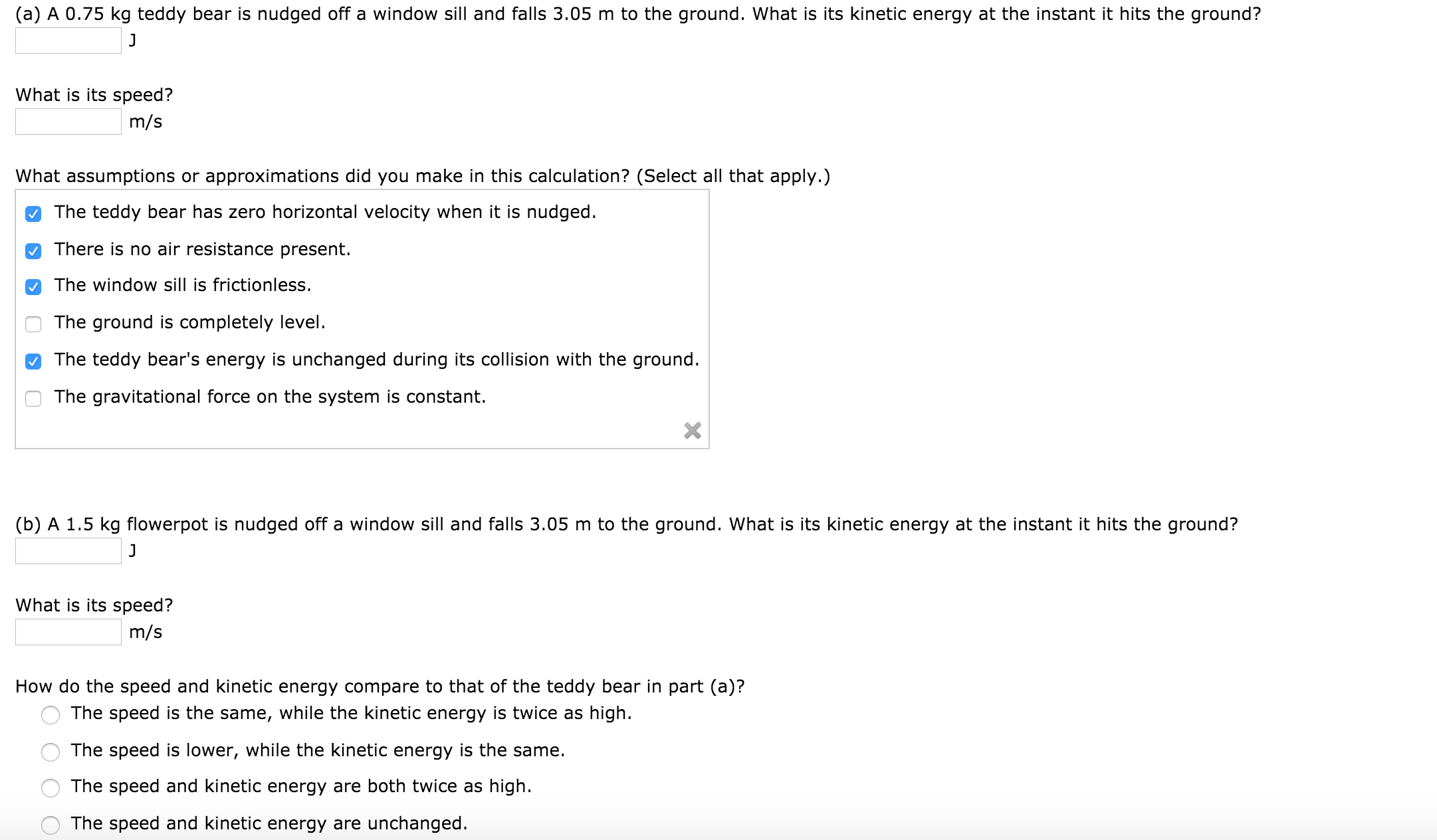 Solved A .75kg teddy bear is nudged off a window sill and | Chegg.com