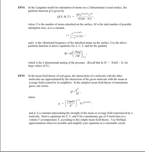 EP 14 In the Langmuir model for adsorption of atoms | Chegg.com