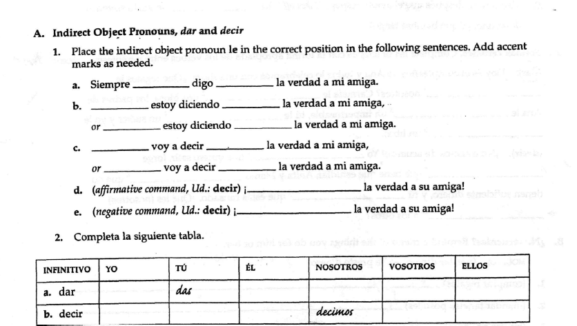 Indirect Object Pronouns, Dar And Decir Place The | Chegg.com