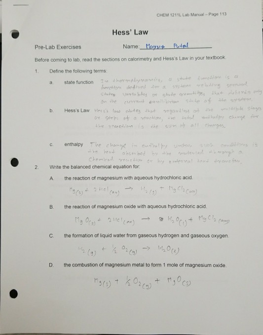 Solved CHEM 1211L Lab ManualPage 113 Hess' Law PreLab