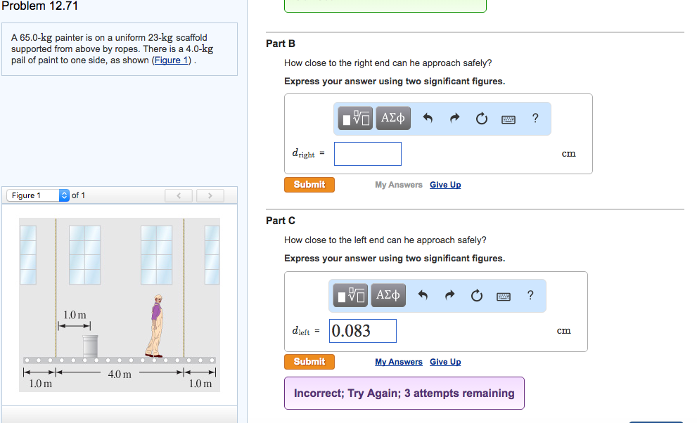 Solved A 65.0-kg painter is on a uniform 23-kg scaffold | Chegg.com