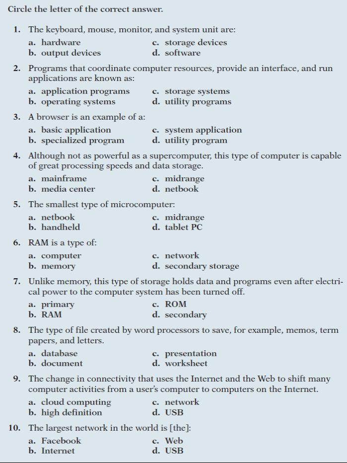 Solved Circle The Letter Of The Correct Answer. 1. The | Chegg.com