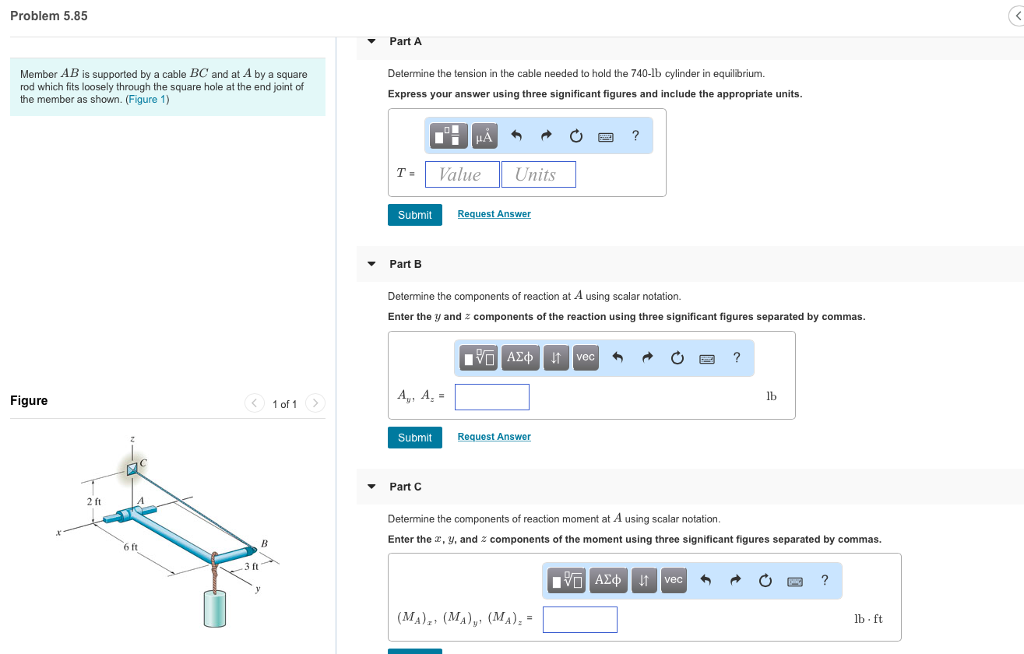 Solved Problem 5.85 Part A Member AB is supported by a | Chegg.com