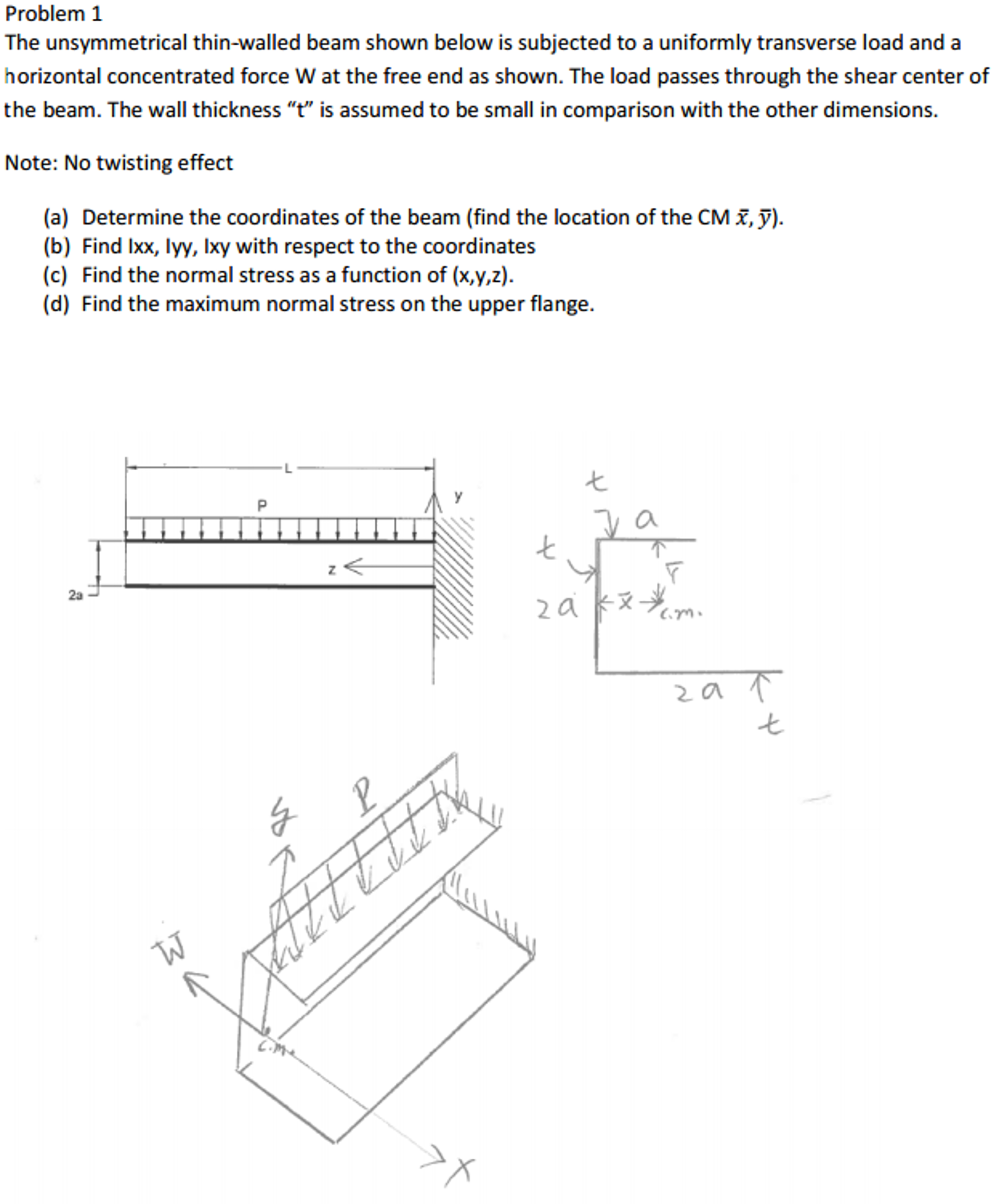 The unsymmetrical thinwalled beam shown below is