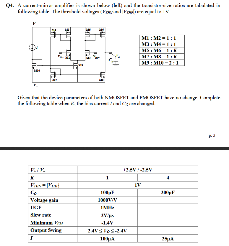 Solved q4 a current mirror amplifier is shown below left chegg