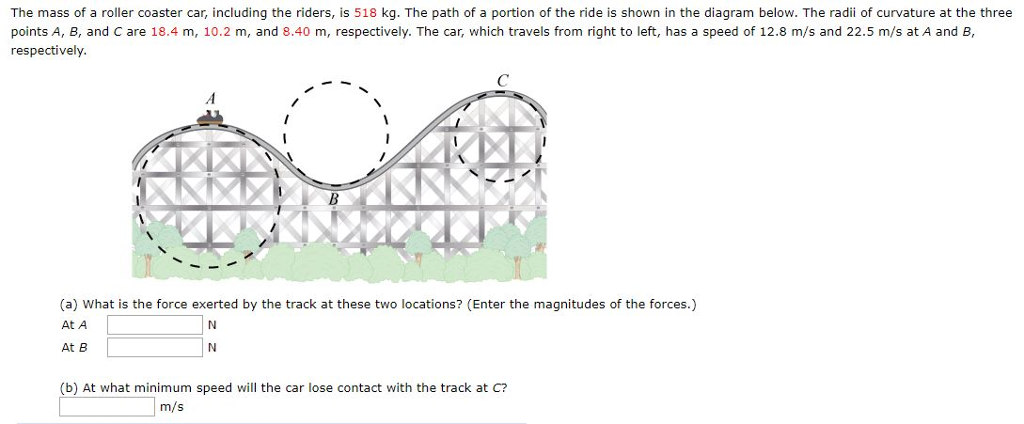 Solved The mass of a roller coaster car, including the | Chegg.com