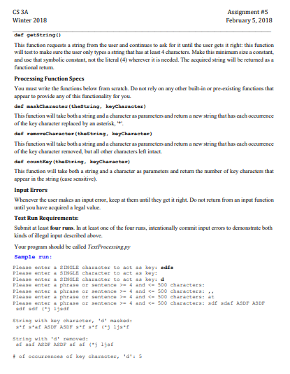 Solved CS 3A Winter 2018 Assignment #5 February 5, 2018 | Chegg.com