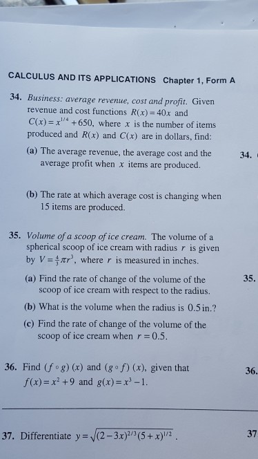 Solved CALCULUS AND ITS APPLICATIONS Chapter 1, Form A 34. | Chegg.com