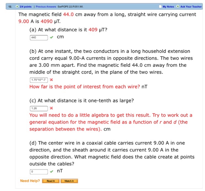 Solved The magnetic field 44.0 cm away from a long, straight | Chegg.com