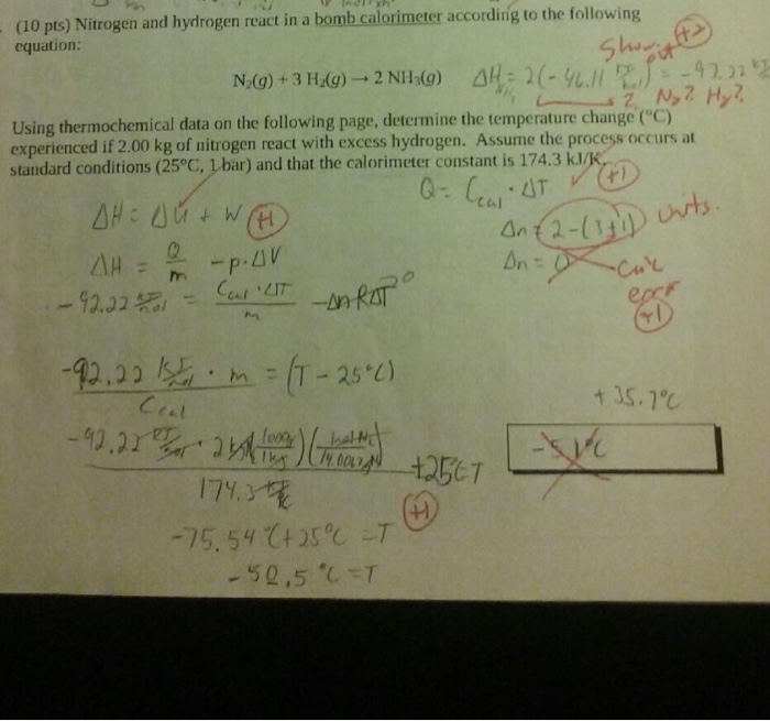Solved (Nitrogen and hydrogen react in a bomb calorimeter
