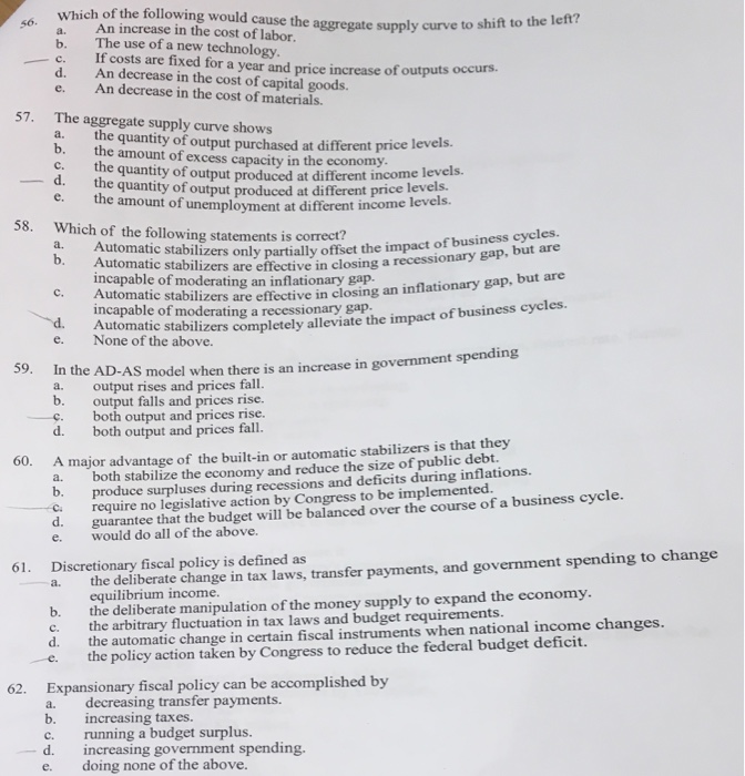 Solved Which Of Of The Following Would Cause The Aggregate Chegg