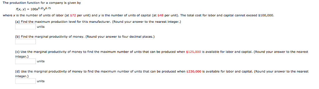 Solved The production function for a company is given by | Chegg.com
