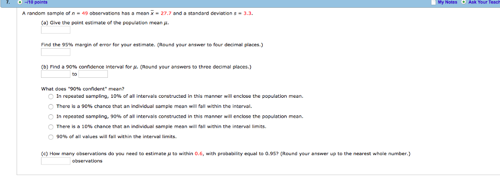 Solved 7. 10 points My Notes Ask Your Teach A random sample | Chegg.com