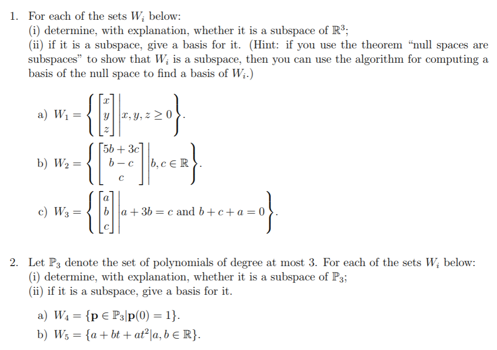 Solved For each of the sets Wi below: (i) determine, with | Chegg.com