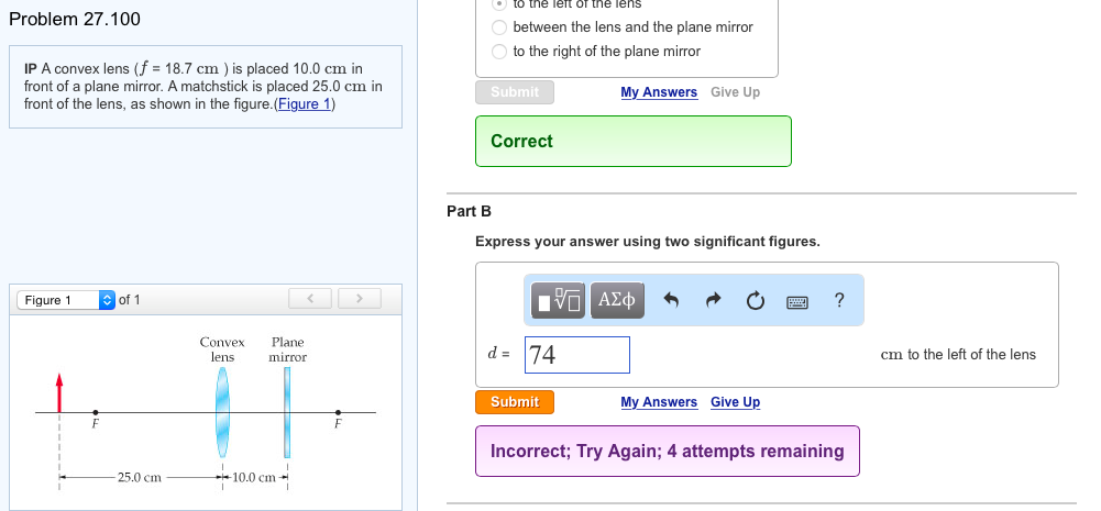 Solved tO the lert or the lens Problem 27.100 between the | Chegg.com