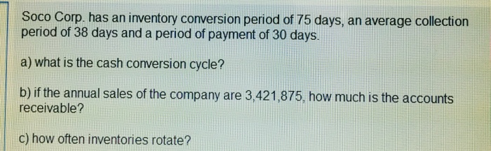 Solved Soco Corp. has an inventory conversion period of 75 | Chegg.com