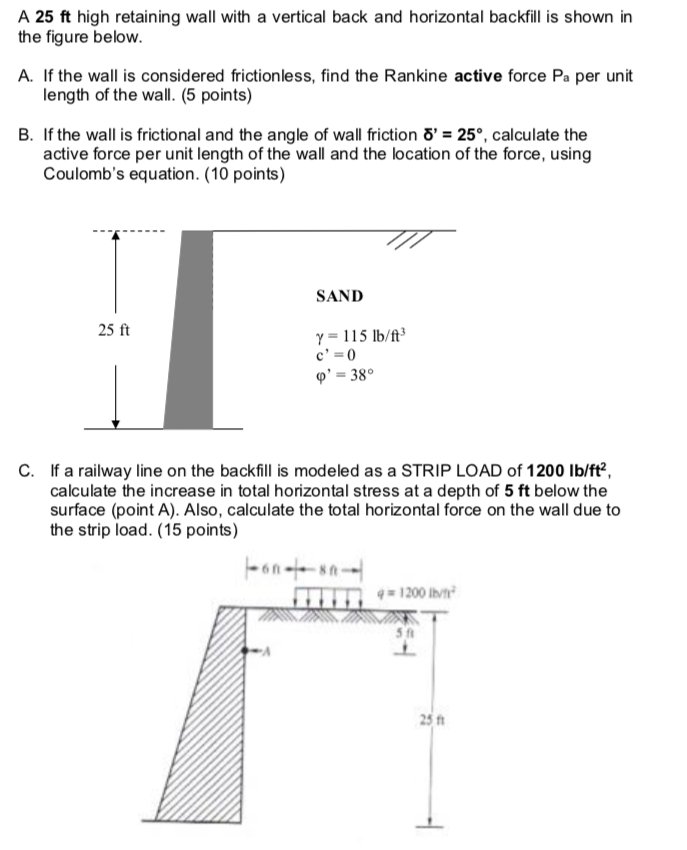 Solved A 25 ft high retaining wall with a vertical back and