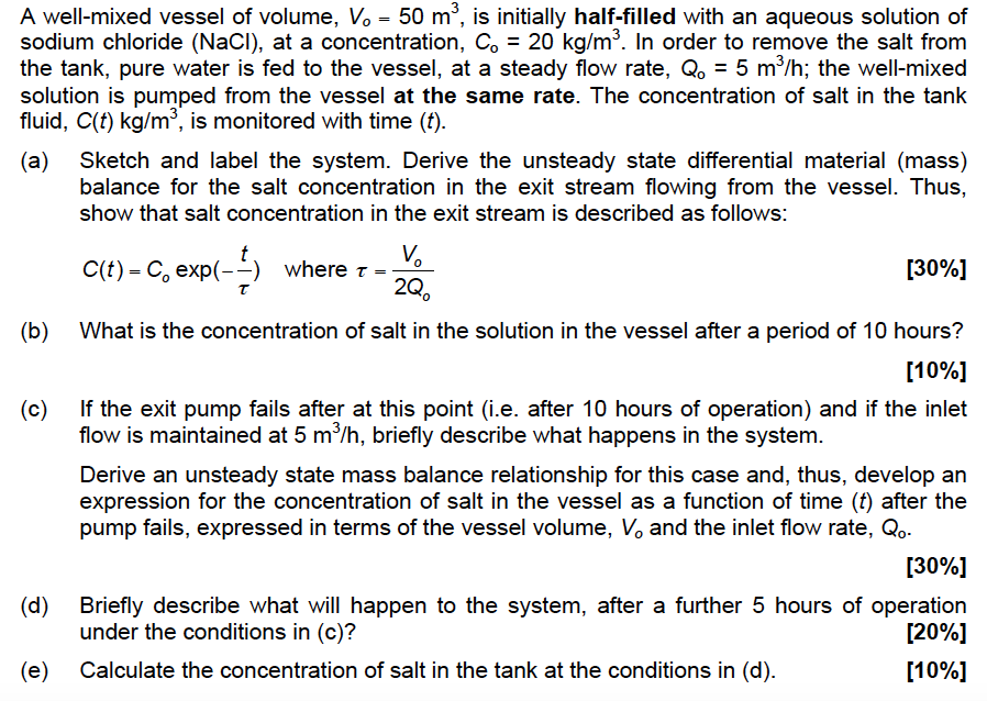 Solved 3 A wellmixed vessel of volume, Vo 50 m*, is