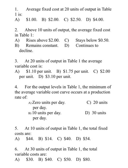 Solved 4. Use the following to answer questions 1-6: Table 1 | Chegg.com