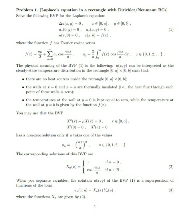 Solved Problem 1. [Laplace's equation in a rectangle with | Chegg.com