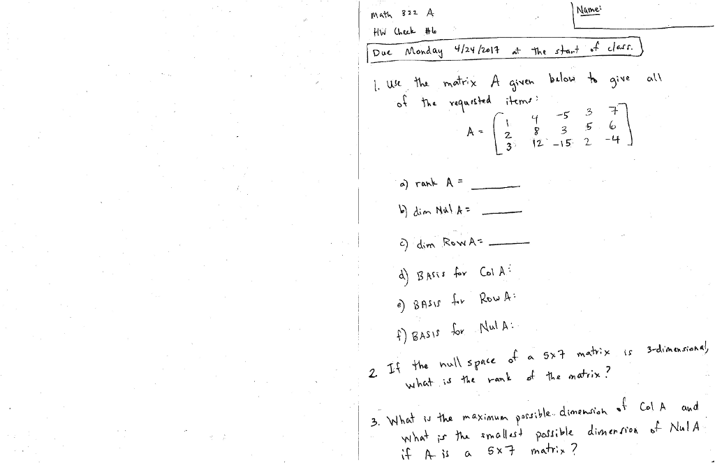 Solved Use the matrix A given below to give all of the | Chegg.com