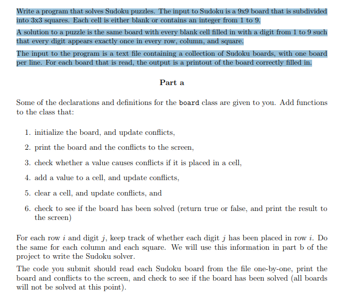 Solved Write A Program That Solves Sudoku Puzzles The Input Chegg