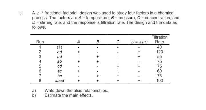 A 2^4-1 Fractional Factorial Design Was Used To Study | Chegg.com