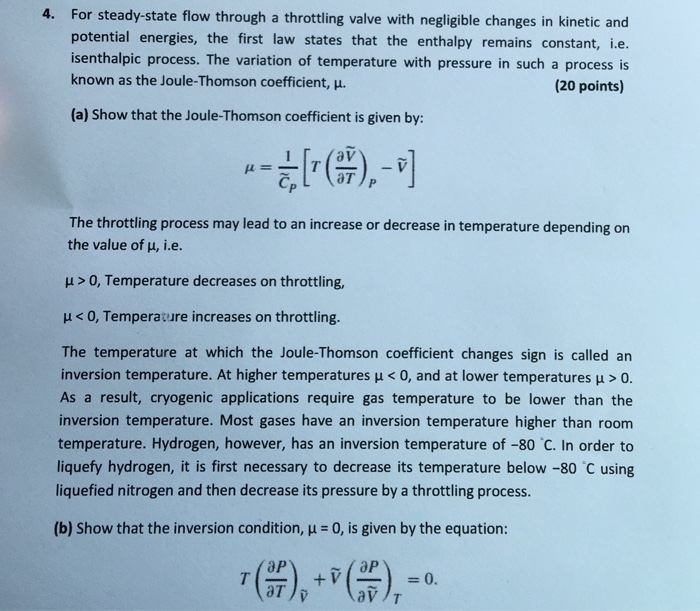 Solved For steadystate flow through a throttling valve with