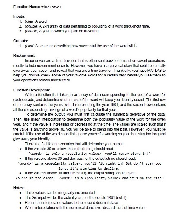 Function Name TimeTravel Inputs 1 2 3 char A Chegg