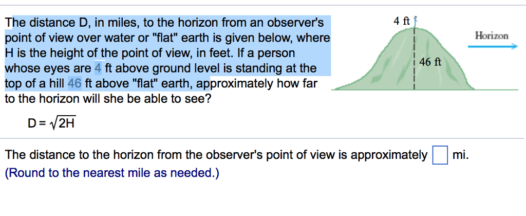 Solved 4 ft The distance D, in miles, to the horizon from an | Chegg.com