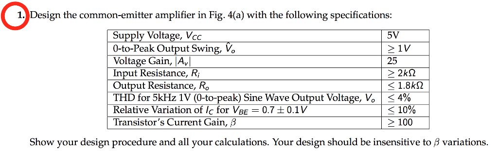 Solved 1. Design the common-emitter amplifier in Fig. 4(a) | Chegg.com