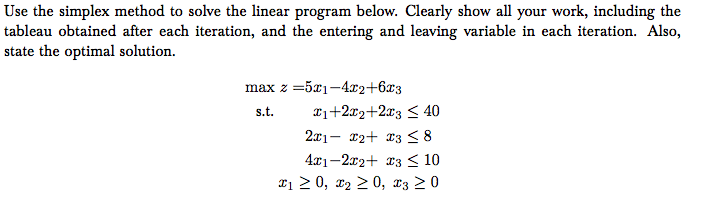 Solved Use the simplex method to solve the linear program | Chegg.com