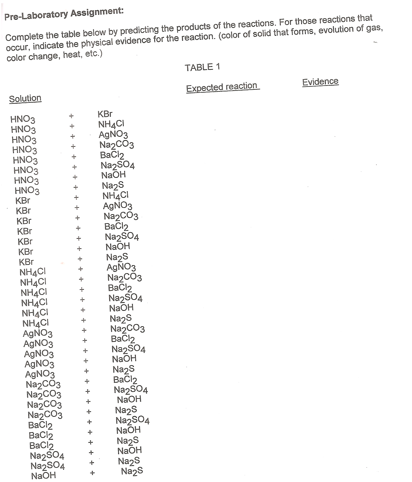 In Table 1, write the net ionic equation for the