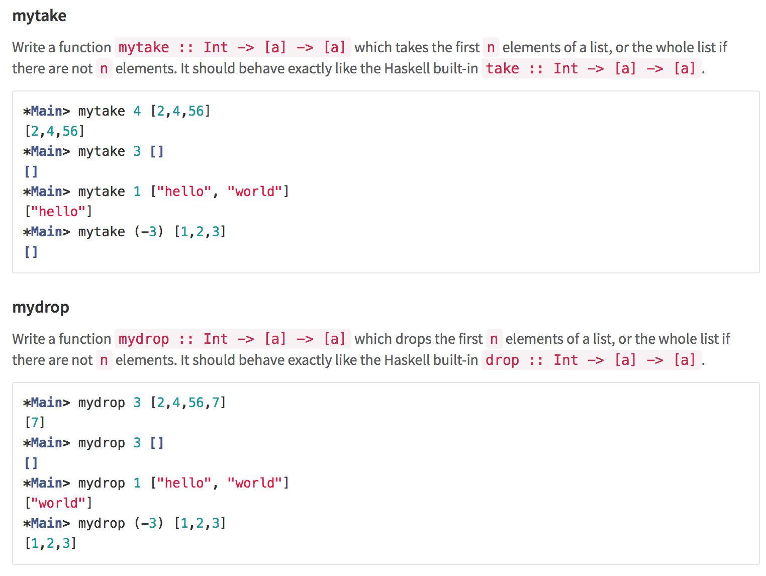 Solved mytake Write a function mytake: Int -[a] -[a] which | Chegg.com