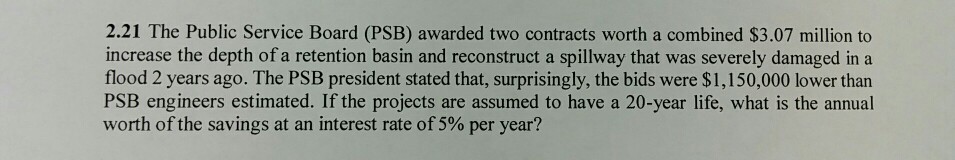 Solved 2.21 The Public Service Board (PSB) awarded two | Chegg.com