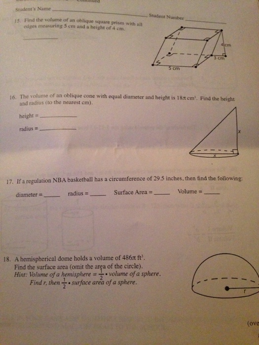 Solved 15. Find the volume of an oblique square prism with | Chegg.com