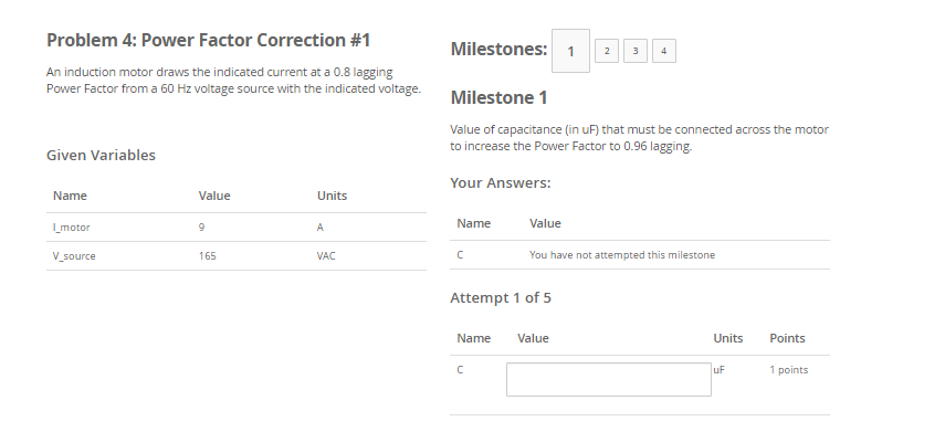 Solved Problem 4: Power Factor Correction #1 Milestones: 2 3 | Chegg.com