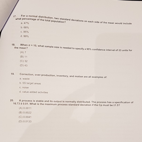 Solved 17. For a what percentage of the total population? n | Chegg.com