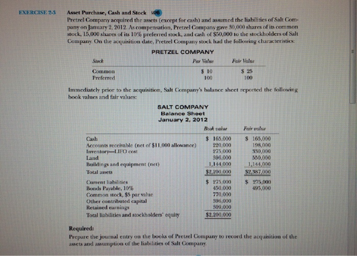 Solved Asset Purchase, Cash and Stock Pretzel Company