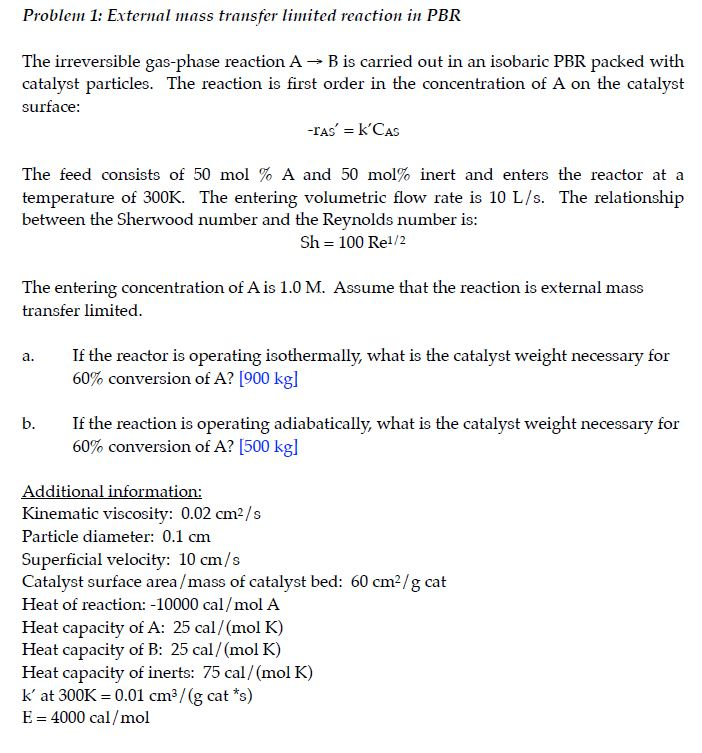 Solved Problen 1: External mass transfer limited reaction in | Chegg.com