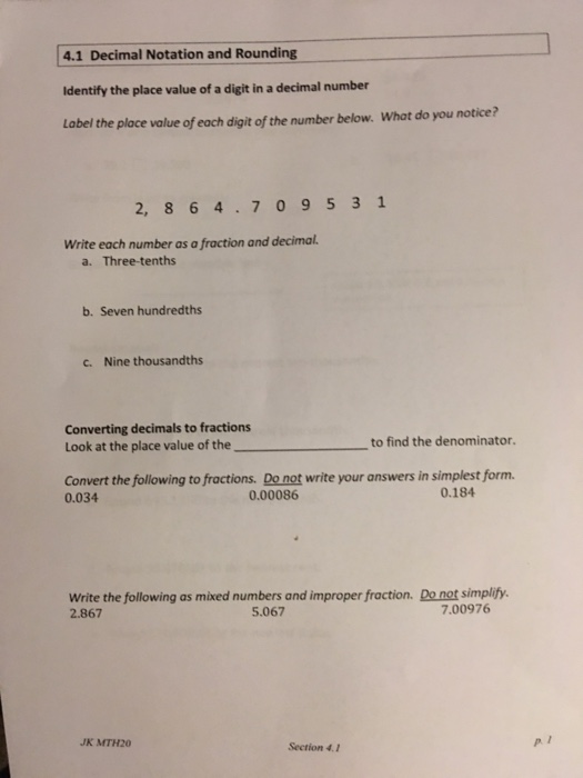 Solved 4 1 Decimal Notation And Rounding Identify The Place Chegg